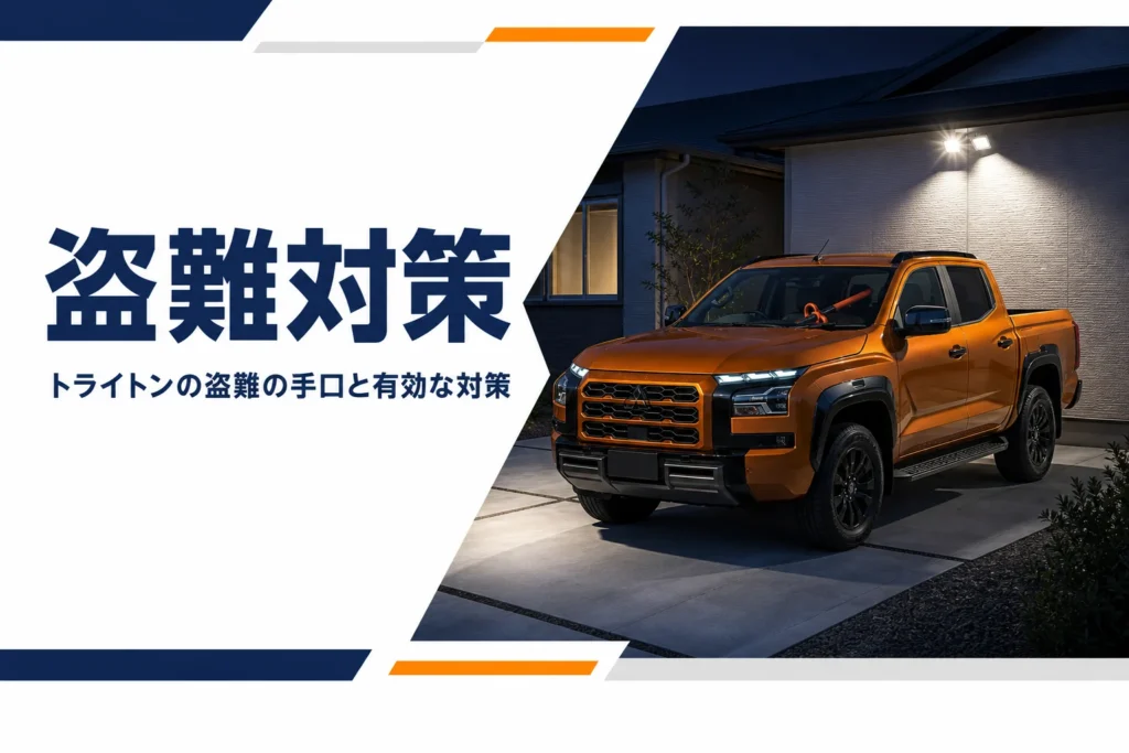 夜の駐車場で盗難対策をしたピックアップトラックのイメージ